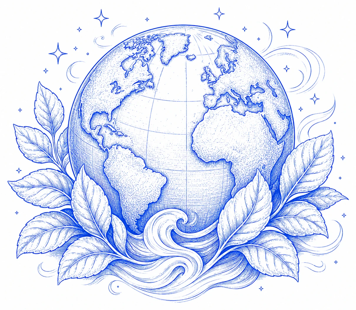 Line-art illustration of the earth wrapped in leaves
