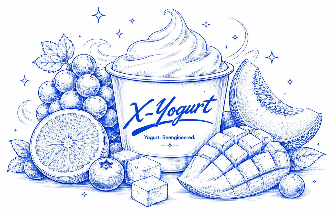 Line-art illustration of an X-Yogurt cup surrounded by blueberries, mango and citrus